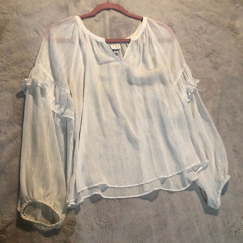 A NEW DAY Womans Plus 2XL White Printed Sheer V-Neck Long Sleeve Blouse Top